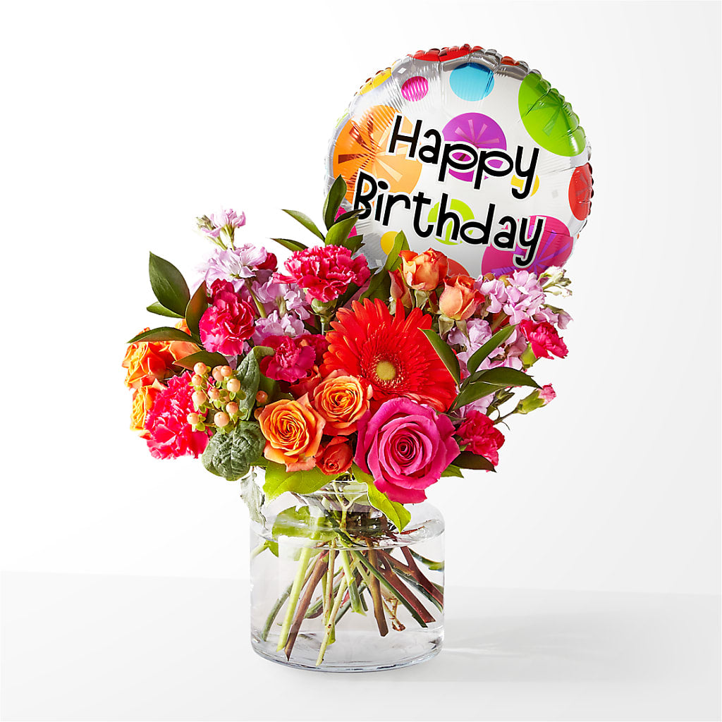 Fiesta Bouquet with Birthday Balloon – Showcase Flowers, San Francisco CA