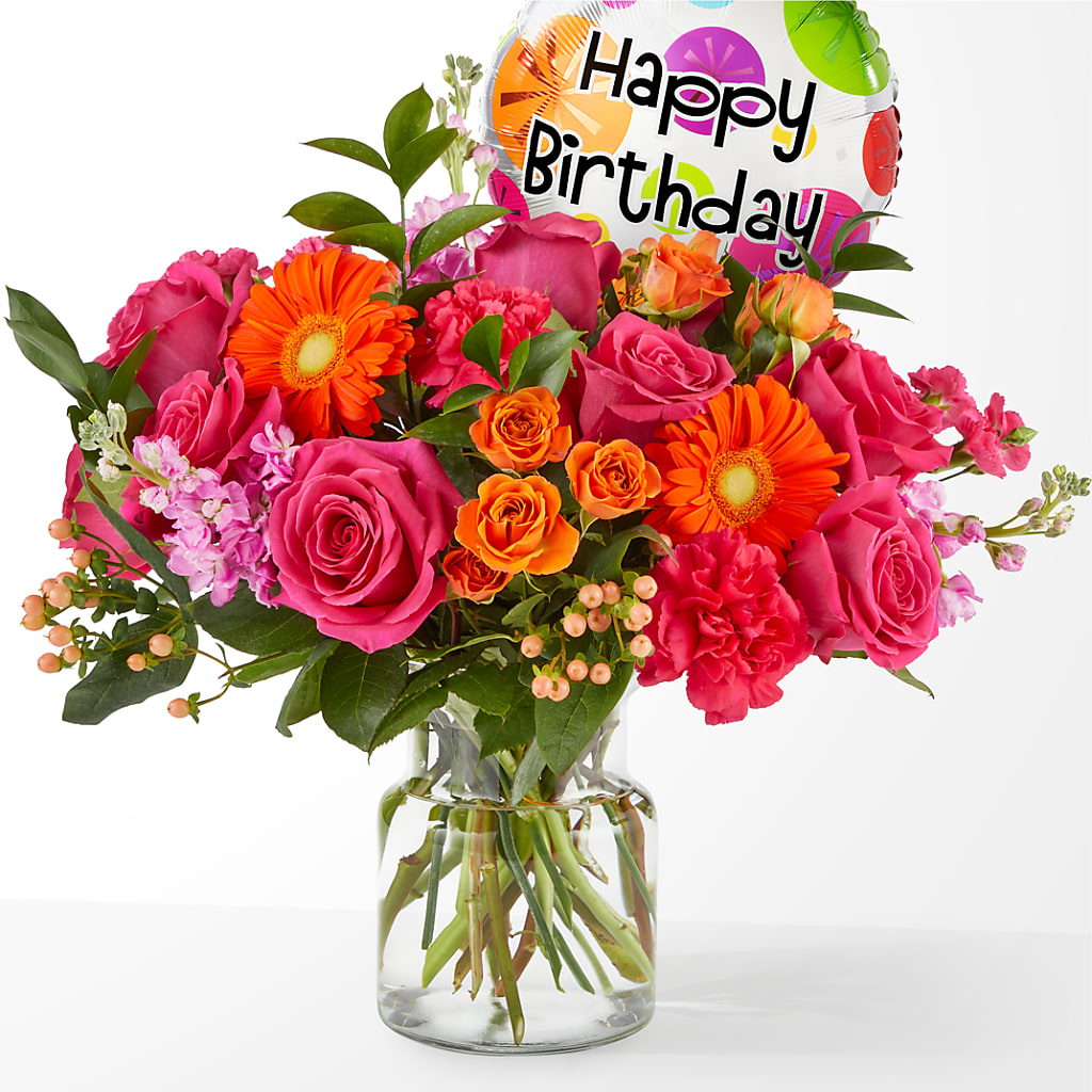 Fiesta Bouquet with Birthday Balloon – Showcase Flowers, San Francisco CA