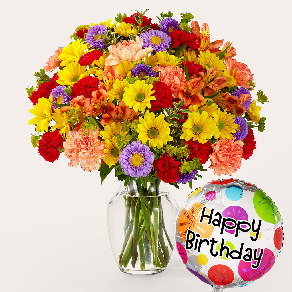 Kaleidoscope Bouquet with Birthday Balloon – Showcase Flowers, San Francisco CA
