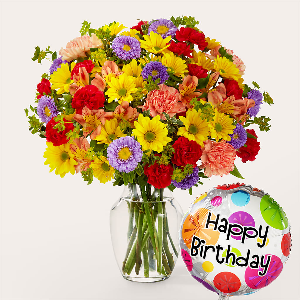 Kaleidoscope Bouquet with Birthday Balloon – Showcase Flowers, San Francisco CA