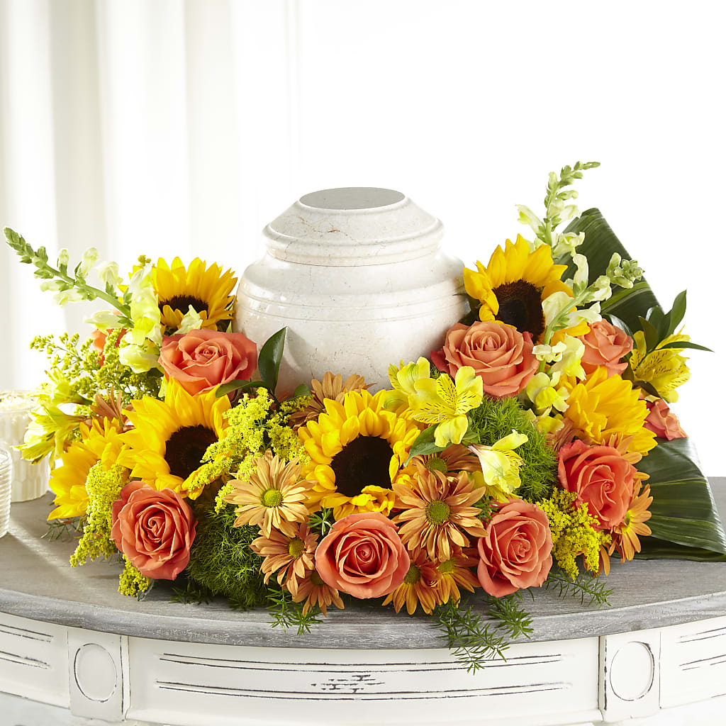 Faithful Sunflower Cremation Adornment – Showcase Flowers, San Francisco CA