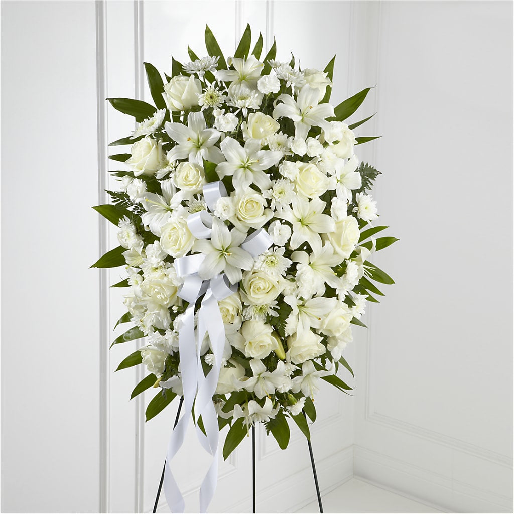 Exquisite Tribute Standing Spray-White Ribbon – Showcase Flowers, San Francisco CA