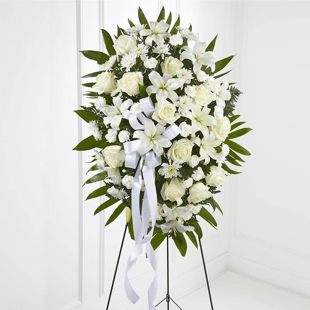 Exquisite Tribute Standing Spray-White Ribbon – Showcase Flowers, San Francisco CA