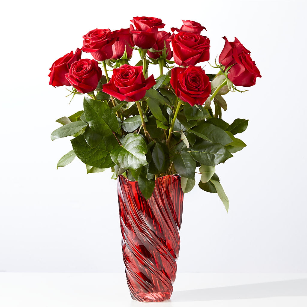 Classic Love Red Rose Bouquet with Luxe Swirl Vase – Showcase Flowers, San Francisco CA