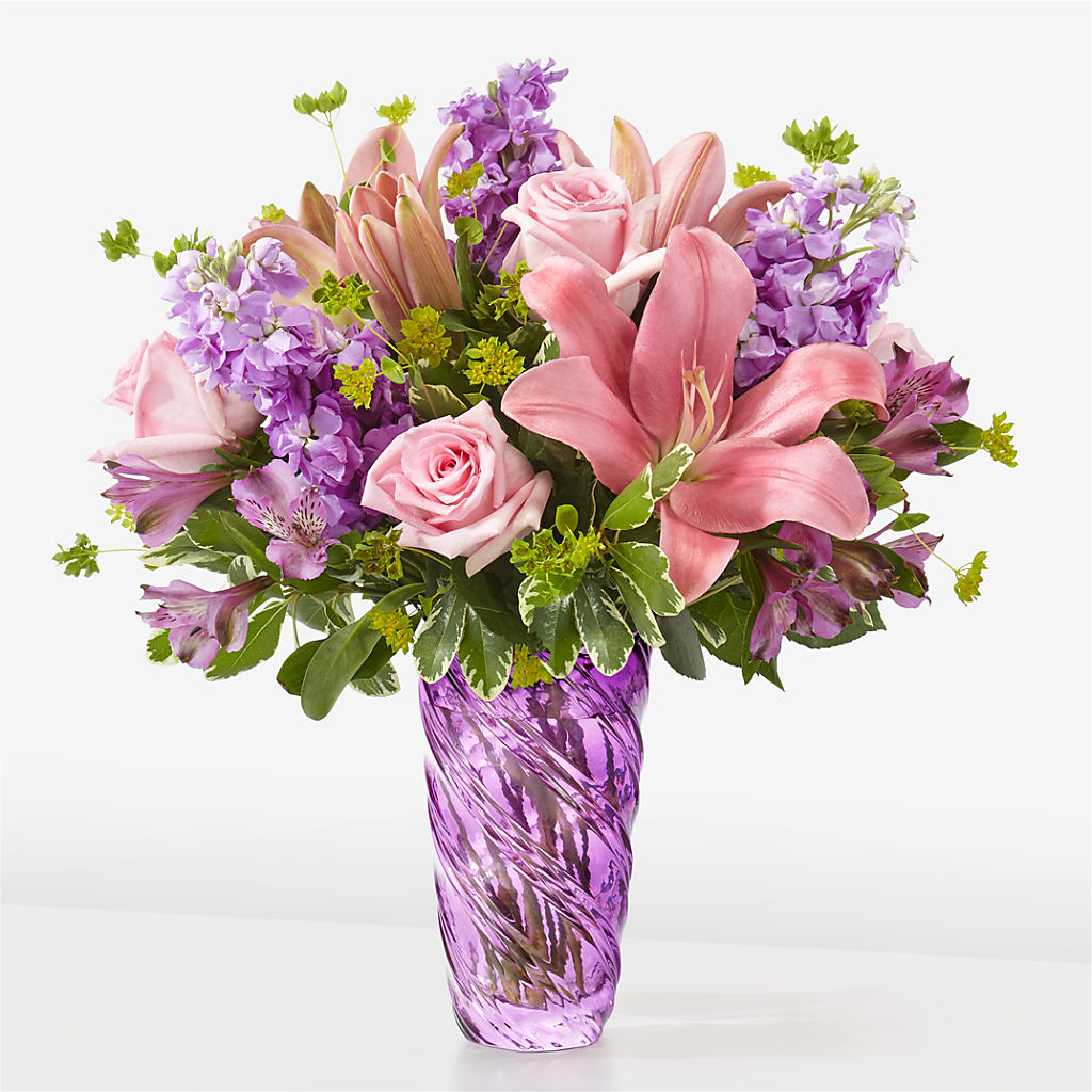 Precious Petals Bouquet with Luxe Swirl Vase – Showcase Flowers, San Francisco CA