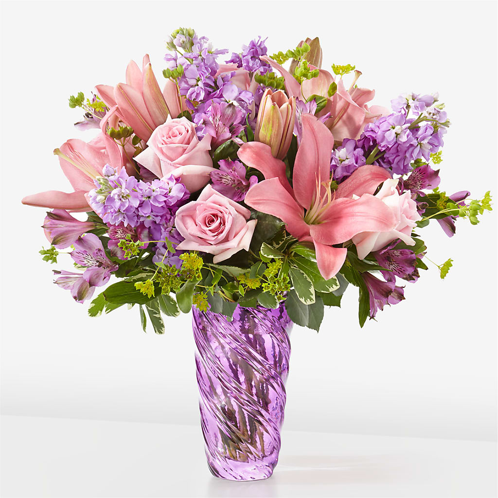 Precious Petals Bouquet with Luxe Swirl Vase – Showcase Flowers, San Francisco CA