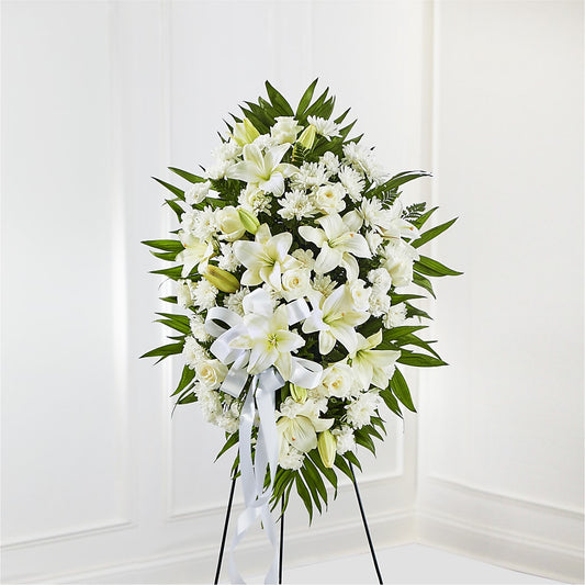 Exquisite Tribute Standing Spray-White Ribbon –  Showcase Flowers, San Francisco CA